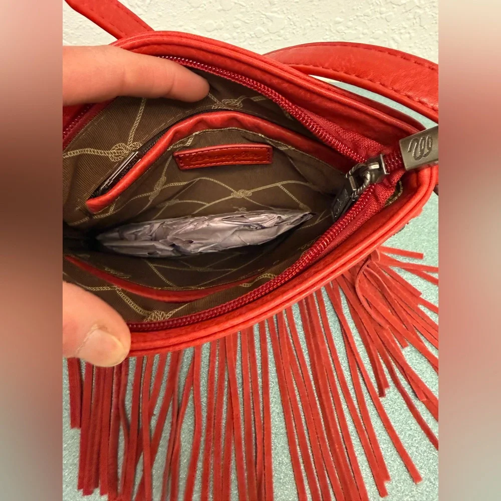 Wrangler Leather Fringe Denim Red Crossbody Bag - Picture 7 of 15